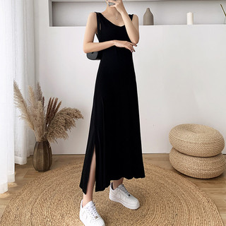 Estilo de verão fino ajuste fenda lateral Modal vestido feminino Extra-longo Bottoming colete saia sobre o joelho bainha