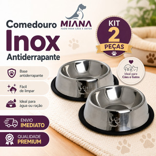 Kit 2 Tigela Comedouro Pote EM AÇO INOX BASE DE BORRACHA Inox Caes Cachorro Dog Gatos Gato