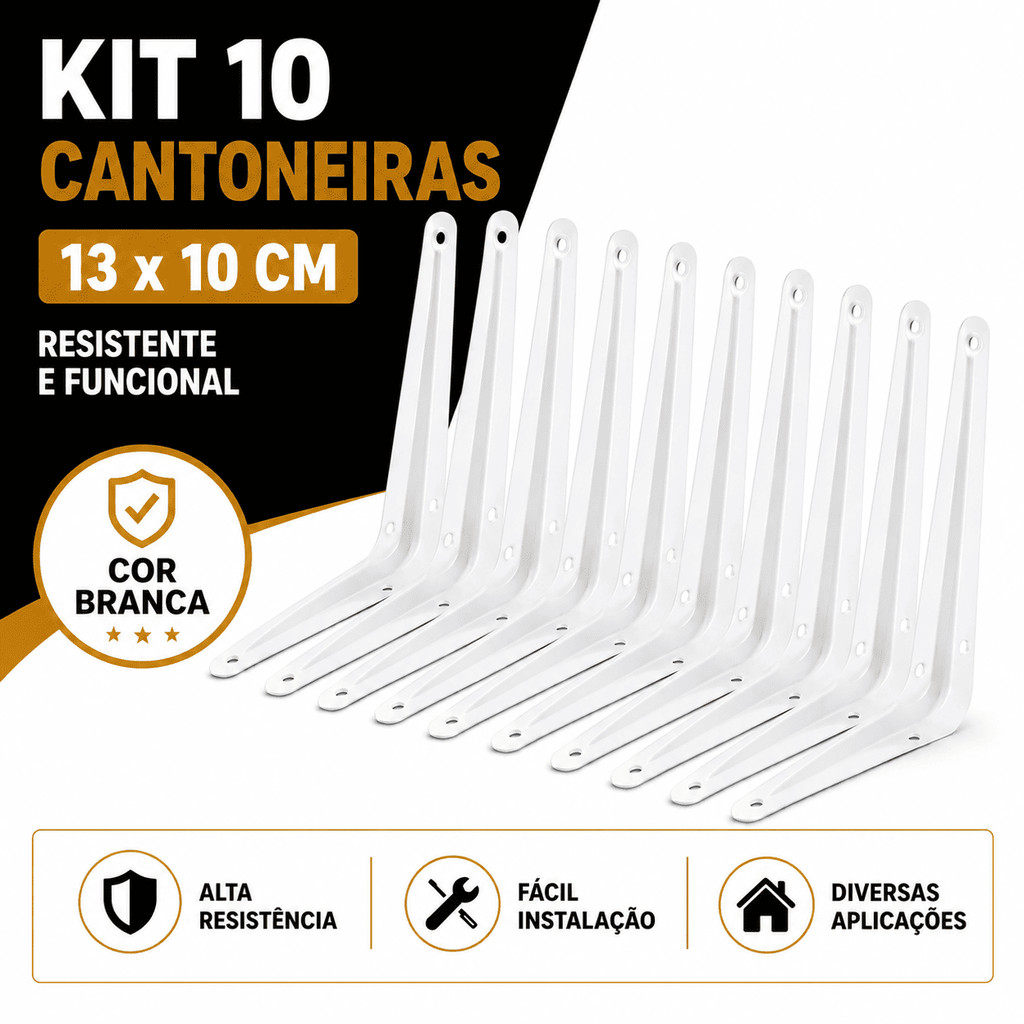 Kit 10 Cantoneira de Metal 13x10cm EM L Branco Suporte Para Prateleira Madeira Parede Casa Decoração Mão Francesa