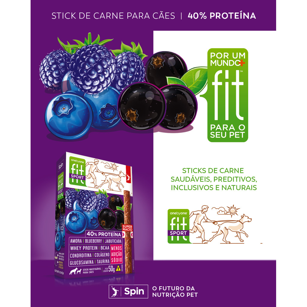 Petisco Saudável para Cães Spin Fit Sport Amora Blueberry Jabuticaba | 40% Proteína | Condroitina | Colágeno | Stick 50g