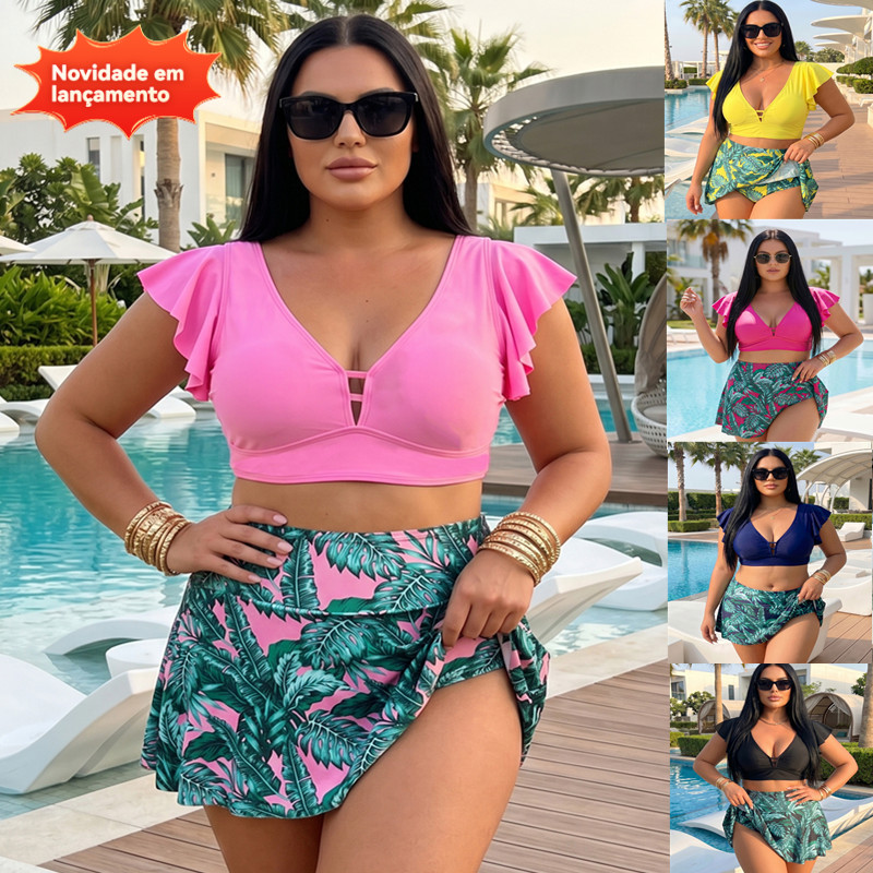 Roupa de banho plus size para mulheres/Conjunto de biquíni sexy de duas peças com saia/Tankini estampado de cintura alta