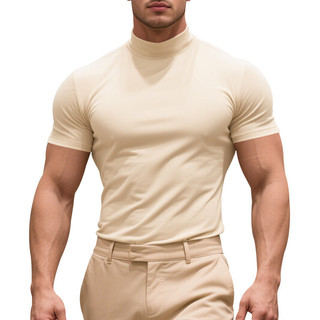 Estilo europeu americano masculino magro meia gola alta camiseta masculina verão cor sólida moda magro-ajuste de manga c