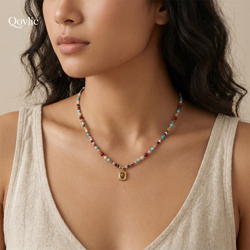 Qovlic Colar Feminino Vintage Boêmio Pedras Naturais Olho de Tigre Ágata Turquesa Pingente Banho Protetor Casual