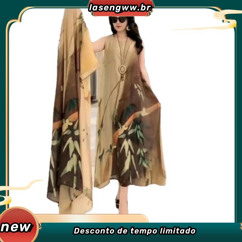 Seda Duas Peças Elegante Floral Plus Size Casual Praia Do Vintage Longo Mãe Vestido 2024 Verão Nova Moda 9618 CQYA