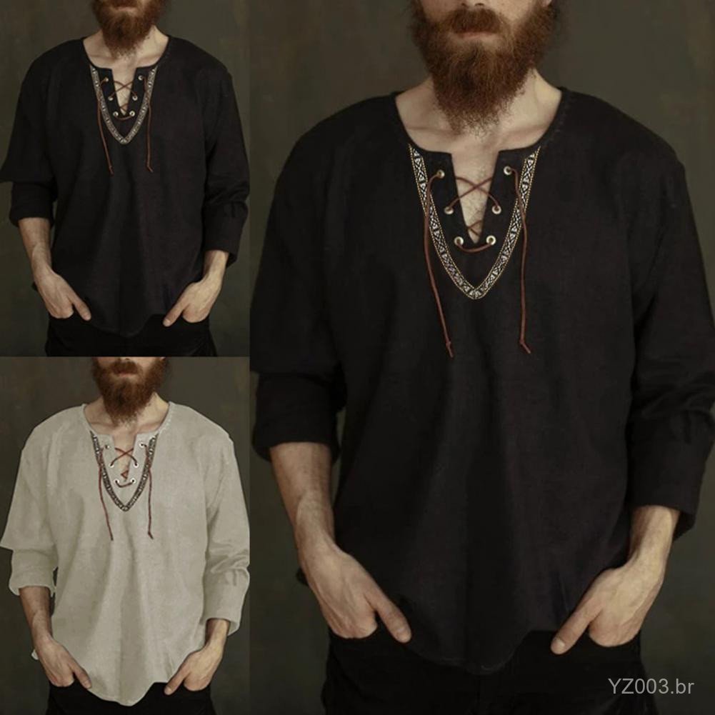 Masculine & #     Camisa Pullover 39's 2021 Moda Vintage Manga Longa Fina Casual Respirável Top Viking com Amarração Fro