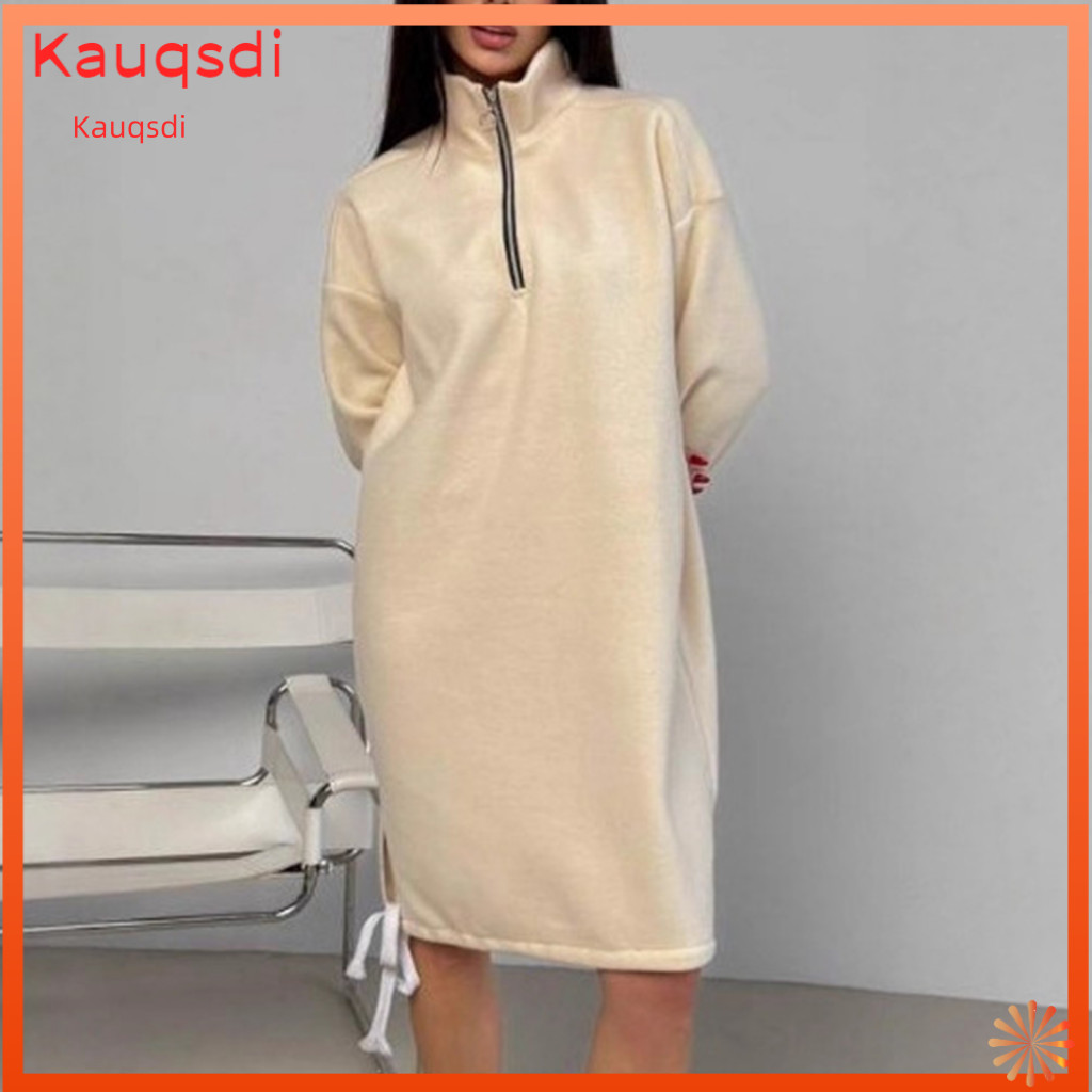 Women Polyester Dress Trendy Solid Color Women’s Sweatshirt Long Sleeve Half Zip Mini Fall Winter Thermal Pullover Tun