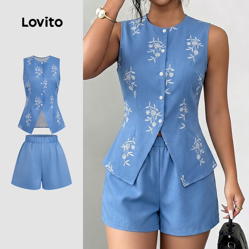 Lovito Elegantes Tops ou Calças com Zíper Azul Primavera/verão para Mulheres LK6