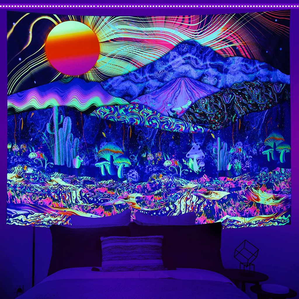 Tapeçaria fluorescente uv luz azul crânio flor olho tapeçaria fundo pano tapeçaria