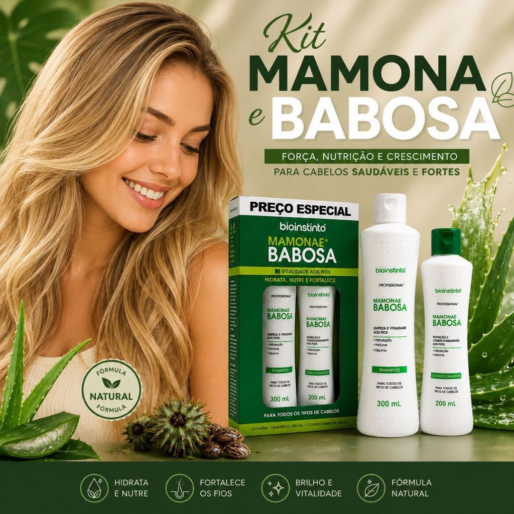 Kit Mamona e Babosa Bioinstinto – Shampoo 300ml + Condicionador 200ml