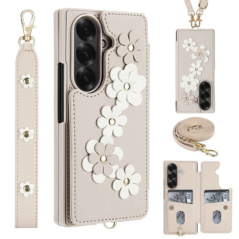 Novo para capa de celular Samsung Galaxy Z Fold 7, capa de couro com corda para pendurar, inserção de cartão, capa anti-