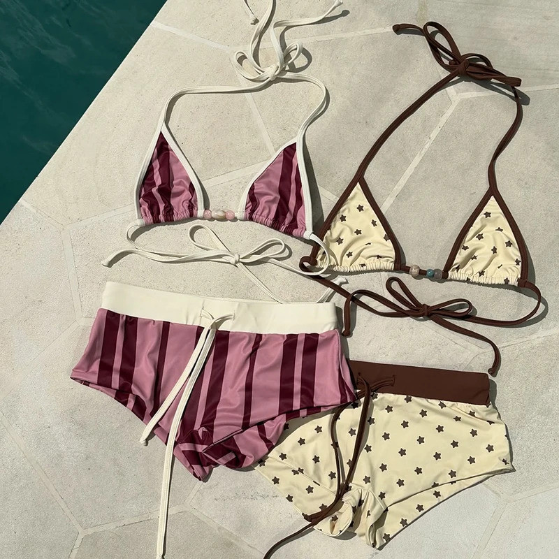 Biquíni estampado de 3 peças com saída de praia, roupa de banho feminina, shorts, conjunto de micro biquíni, biquíni de