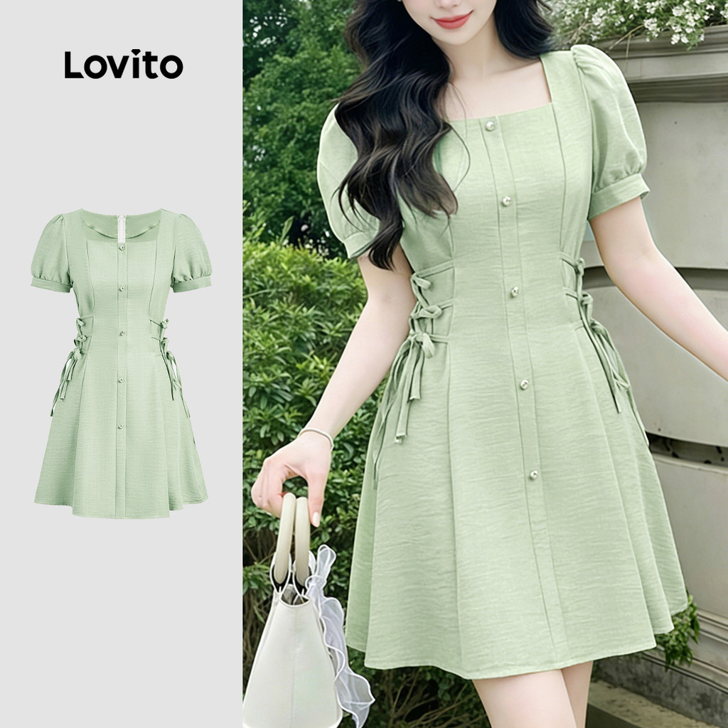 Lovito Elegante Vestido com Zíper e Botões Frontais com Amarração Primavera/verã