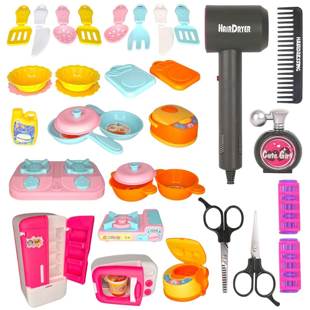 Brinquedo Cozinha Infantil Mini Fogão Microondas 33 Peças E Kit Salão De Cabelo Luxo 40 Peças