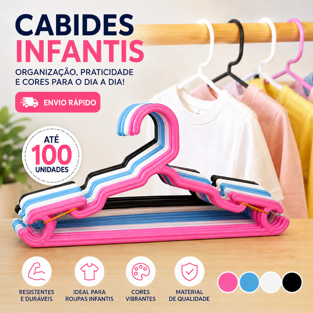 Kit até 100 Cabides Infantil Bebê Baby Reforçado Plástico Cruzeta Roupa Resistente Premium
