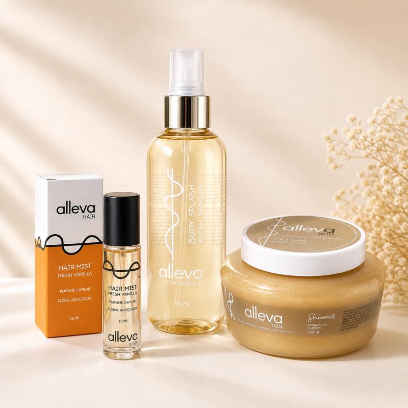 Kit Alleva Fresh Vanilla Body Splash + Geleia Hidratante + Perfume Capilar Shimmer Fragrância Doce e Sofisticada