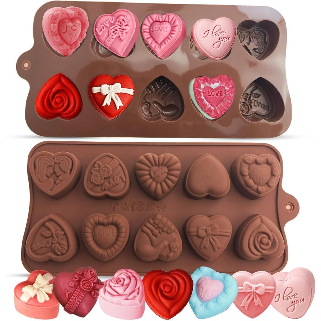 2 Moldes de Chocolate em Forma de Coração, Moldes de Silicone com 10 Designs de Rosas e Corações, Moldes Antiaderentes p