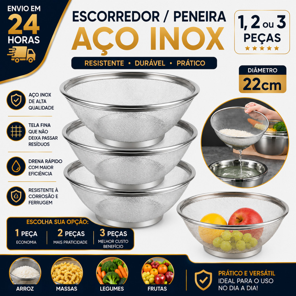 Cesto Cesta De Inox Escorredor 22CM Para Lavar Cozinhar Alimentos Arroz Legumes Frutas Massas Resistente Multiuso