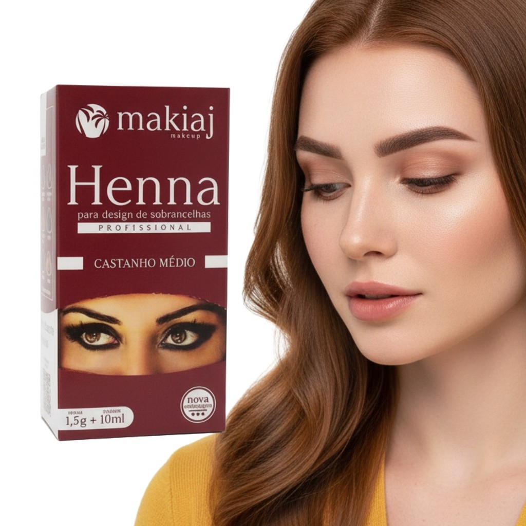 Henna Sobrancelha Makiaj 1,5g + Fixador 10ml Alto Rendimento Fixação Castanho Ruivo Design Rena