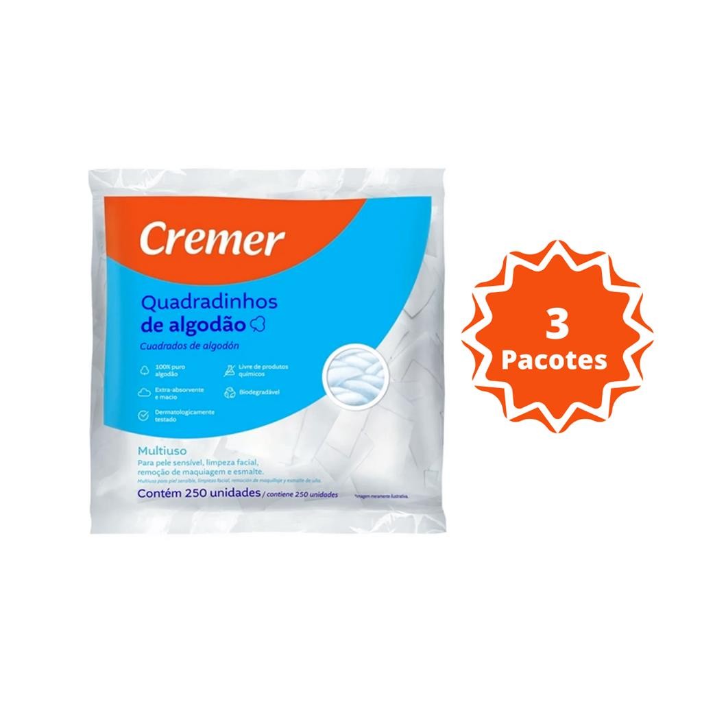 Kit-3 ALGODAO QUADRADINHOS Limpeza Pele e Unhas C/750 und