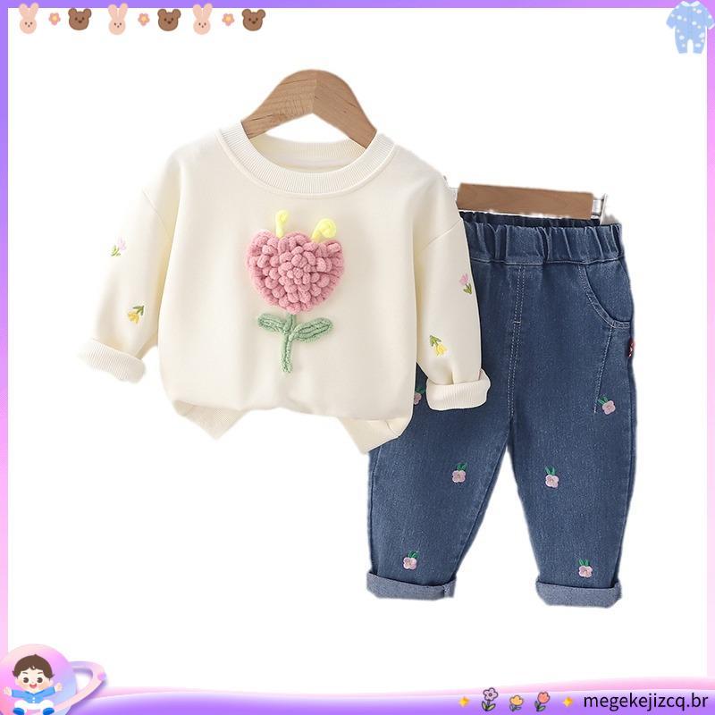2024 Conjunto De Primavera Outono Meninas Pullover + Full Print Flower Jeans 2Pcs Lazer Infantil Desportivo