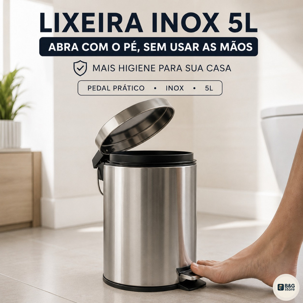 Lixeira Inox 5 Litros com Pedal e Balde Removível para Banheiro Cozinha Compacta