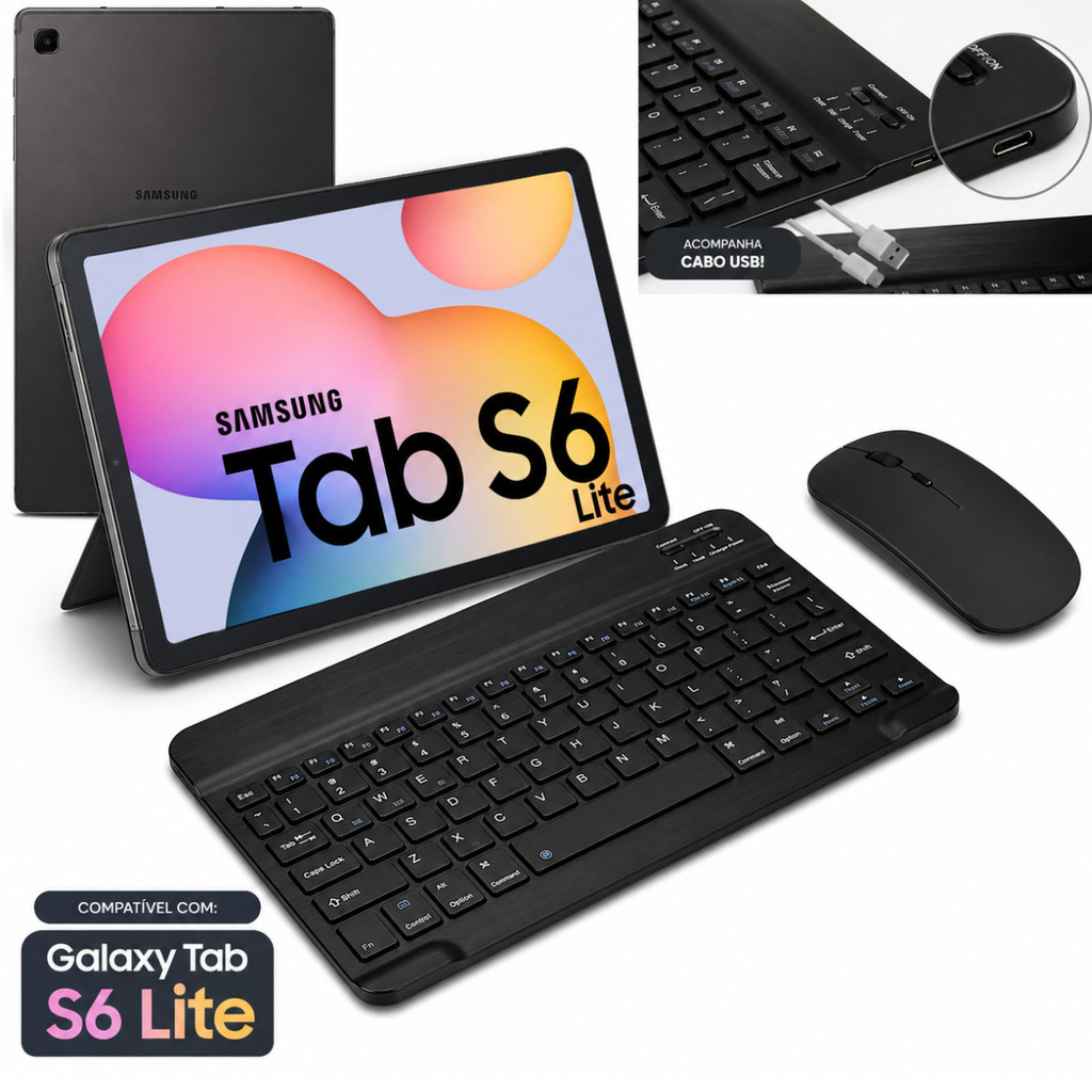 Kit para Galaxy Tab S6 Lite Teclado e Mouse Bluetooth Sem Fio Slim Compacto