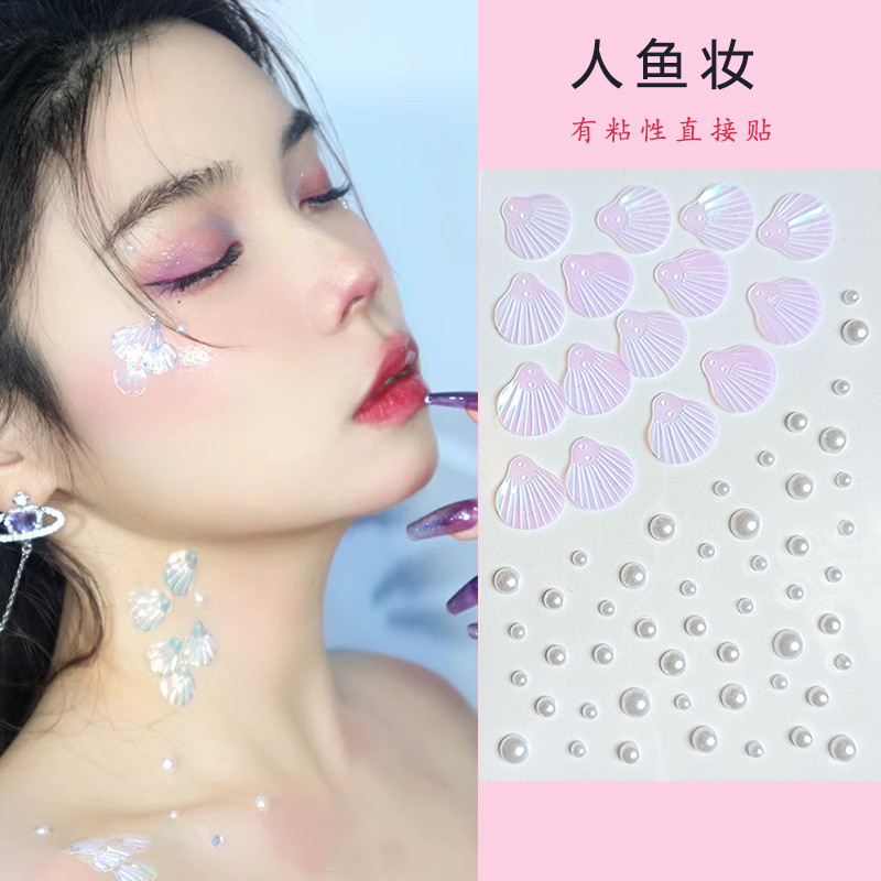 Shell Sereia Sereia Maquiagem Adesivos de escama de peixe Adesivos de rosto de diamante Traje antigo Hanfu Enfeite de jo