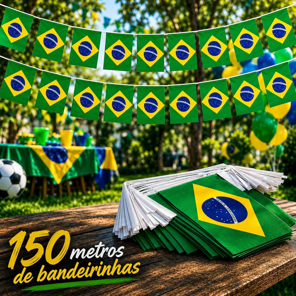 150 metros Bandeirinha do Brasil Copa do Mundo 2026 Varal 20 Bandeiras Decorativa Plástico