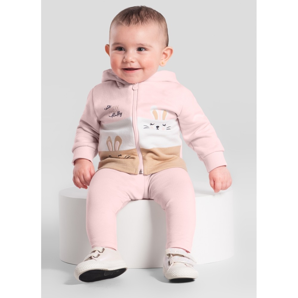 Conjunto Infantil Menina Brandili Inverno com Calça Legging e Jaqueta Flanelada Rosa Coelhinha Cute