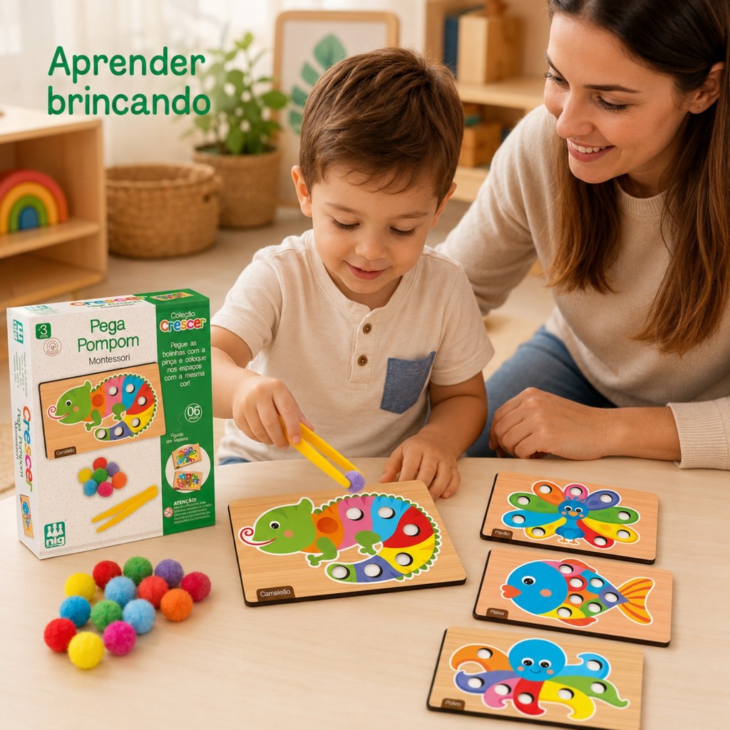 Jogo Pega Pompom Montessori Bebe Encaixe Pinça 64 Pçs Cores