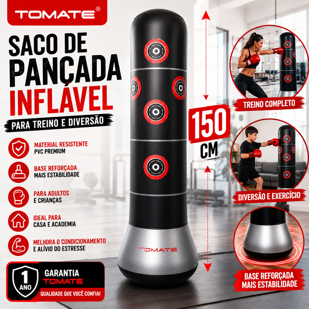 Saco de Pancada Inflável TOMATE 150cm Profissional para Boxe Treino Fitness com Base Reforçada