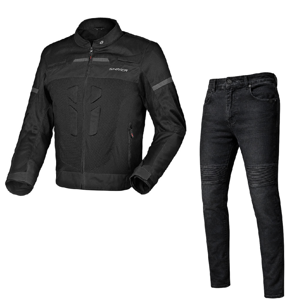 Kit Roupa de Moto Jaqueta Vent Shiver E Calça Jeans Preta Tech Kevlar Proteção Removível Masculina Do 38 a 46 P M G a 8G