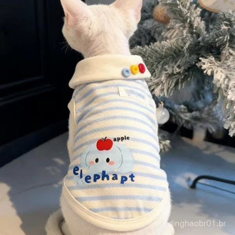 Roupa para Gato Sem Pelo, Colete Listrado com Gola Reversível e Botões Coloridos, Camiseta para Gato Sphynx Devon