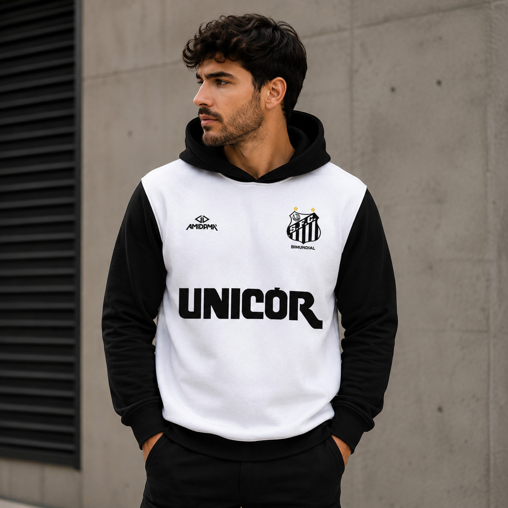 Blusa Frio Moletom Fechado Capuz Estampa Time Santo Preto Branco Futebol