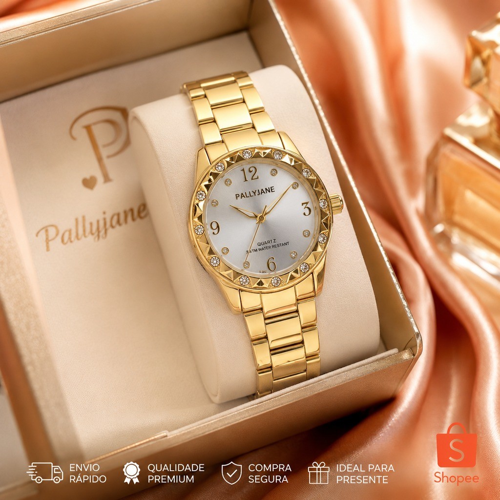 Relógio Feminino Dourado Luxo Aço Inoxidável Resistente à Água Casual Elegante Pallyjane
