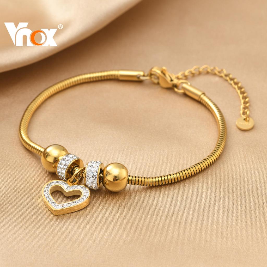 Vnox Ouro Cobra Corrente Pulseira Coração Zircão Para Mulheres Charme Níquel Livre Anti-Alergia Jóias De Aço Inoxidável