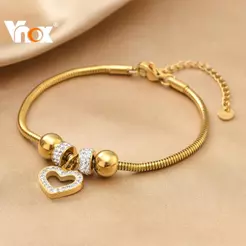 Vnox Ouro Cobra Corrente Pulseira Coração Zircão Para Mulheres Charme Níquel Livre Anti-Alergia Jóias De Aço Inoxidável