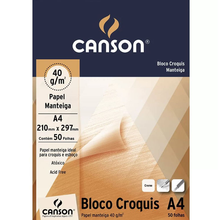 Bloco Croquis Papel Manteiga A4 40 Gramas Creme c/ 50 Folhas - Canson UNICA