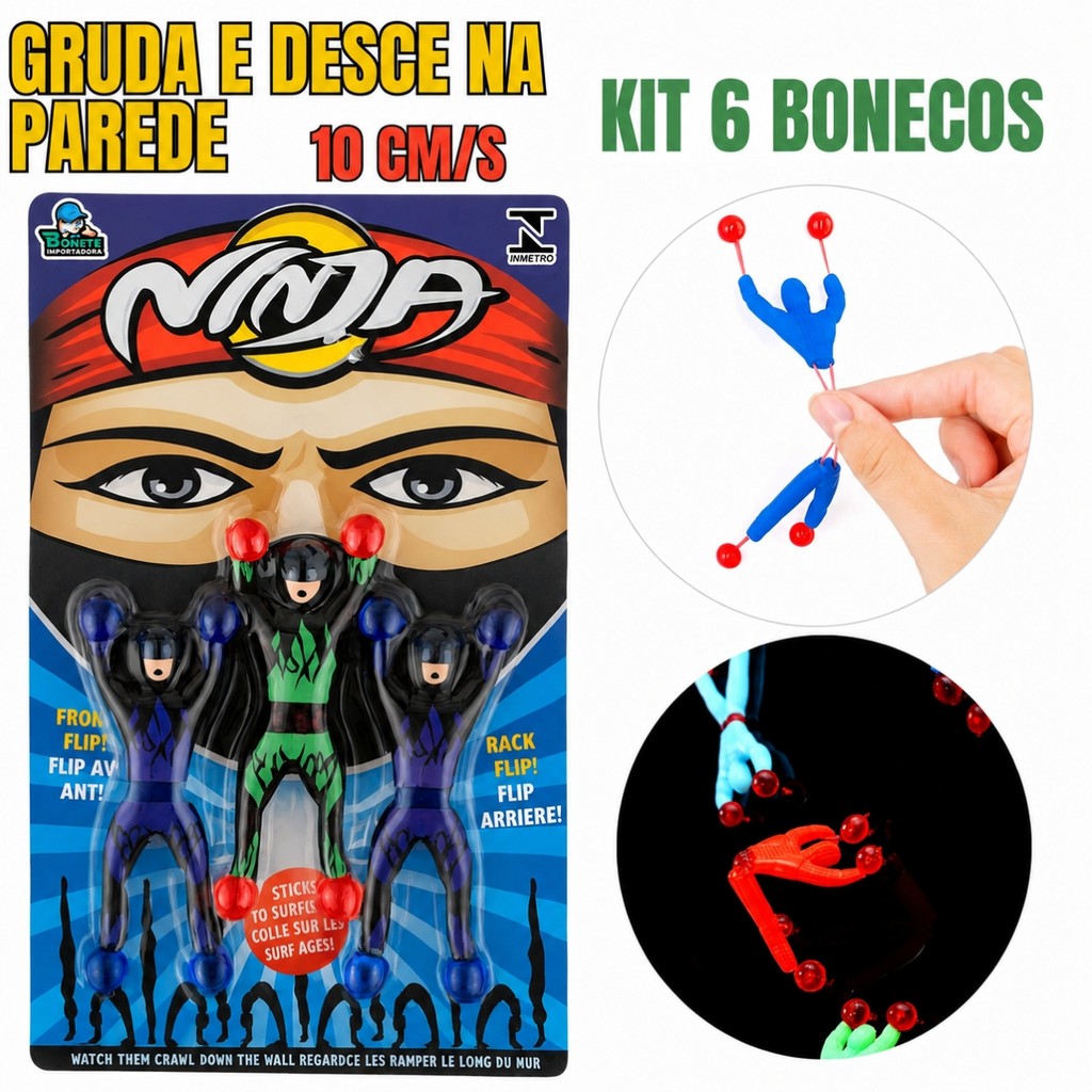 Kit 6 Bonecos Ninjas Escalada – Brinquedo com Ventosa que Desce na Parede