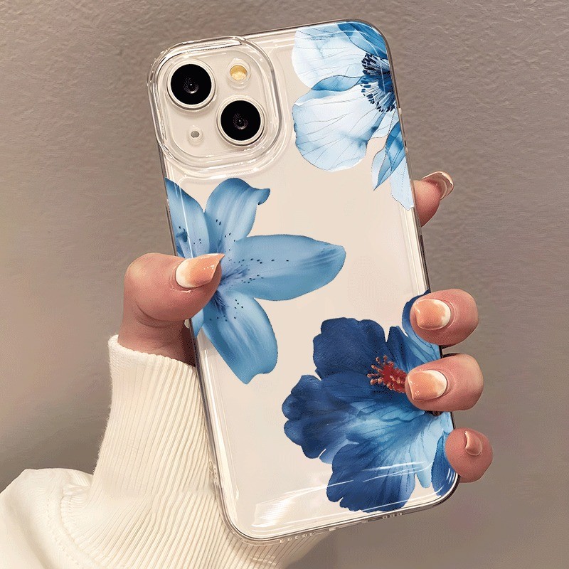 Capa de Telefone: 1 Capa Transparente Espacial com Três Padrões Florais em Degradê Azul, Proteção Antiqueda, Compatível