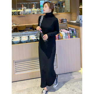 Versão coreana vestido de algodão escovado de gola alta feminino outono inverno temperamento preto mais magro olhar saia