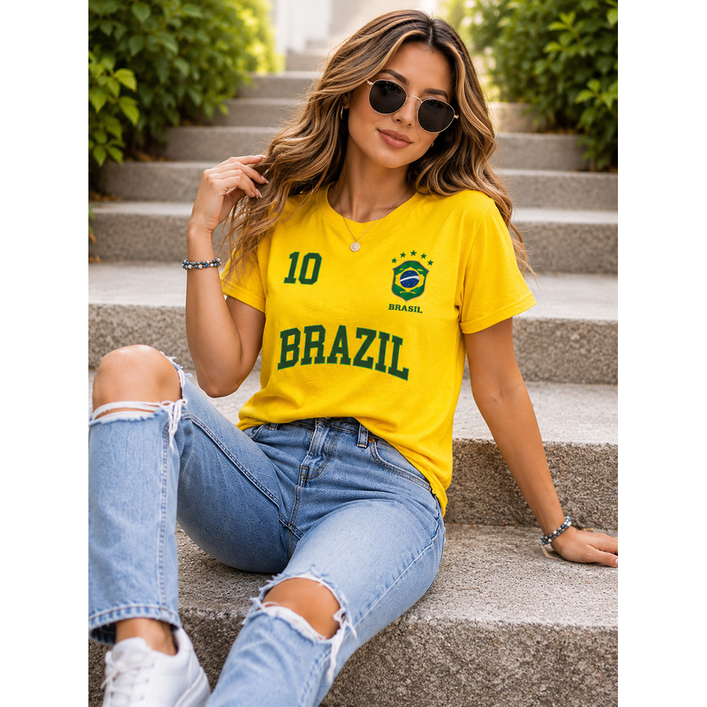 Camisa do Brasil Feminina Camiseta Brasil Número 10 Futebol Brasileiro Roupa Casual Algodão