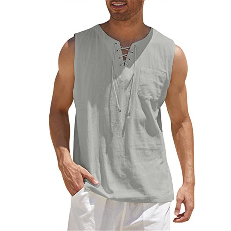 Estilo americano tamanho grande cor sólida sem mangas camisa masculina colete amarrado moda imitação de algodão linho ma