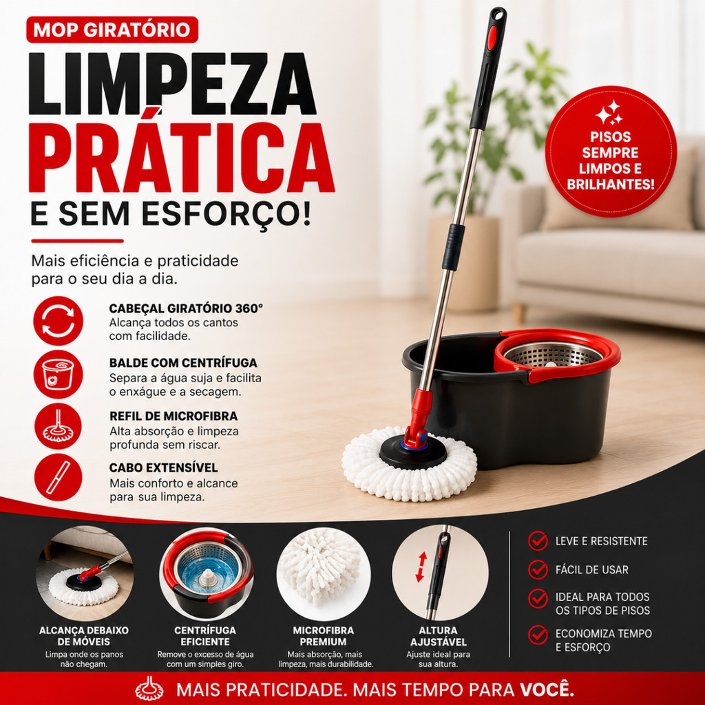 Mop Giratório Inox Balde Refil Microfibra Com Alça Rodo Limpeza Centrifuga Inox