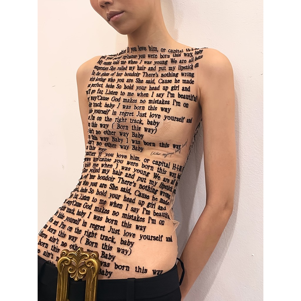 Regata Feminina, Estampa de Letras "Hot Girl", Camiseta Transparente de Malha, Estilosa para Primavera e Verão, Sem Mang