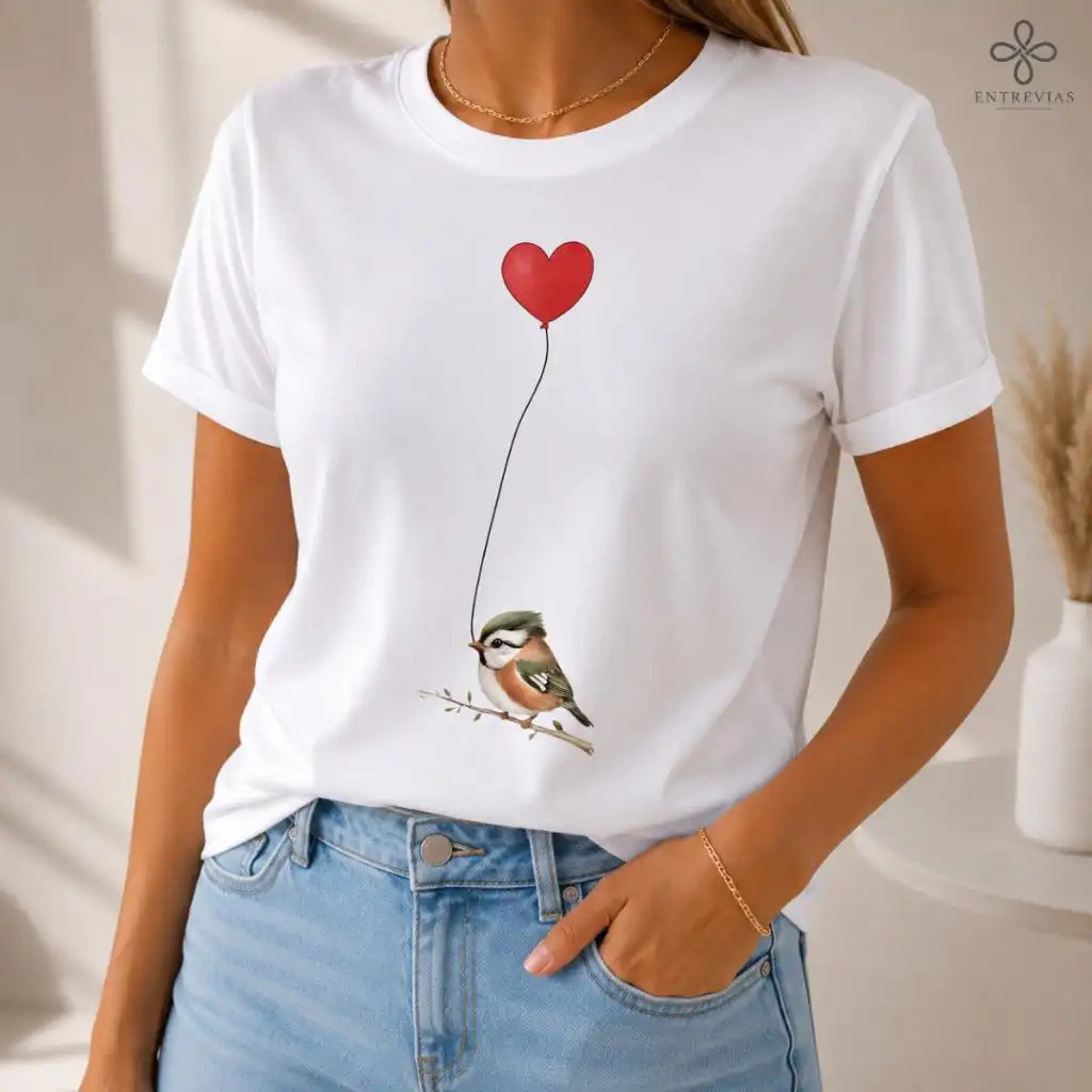 Camiseta Feminina Manga Curta Gola Redonda Estampada Pássaro Balão Coração Casual Tecido Leve Macio Confortável Dia a Di
