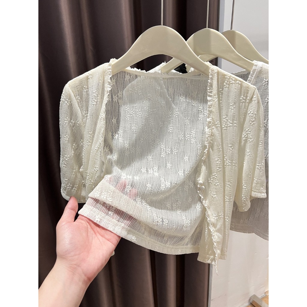 Renda protetor solar xale verão com saia estilingue novo estilo feminino curto pequeno colete exterior de manga curta ga