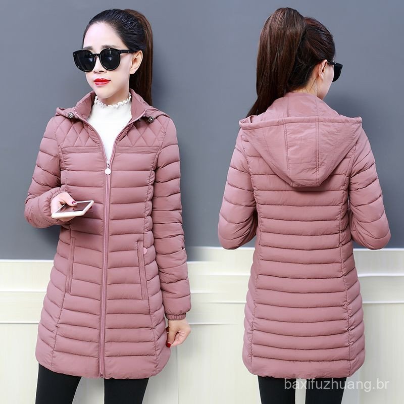 Versão Coreana Slim Max Size 6XL Feminino Inverno Sólido Comprimento Médio Com Capuz Manga Comprida Casaco De Algodão Zí