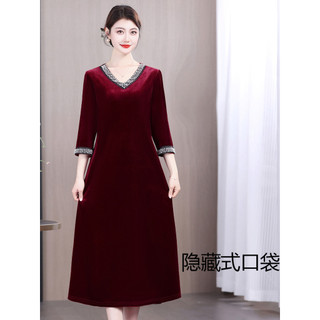 2026 Primavera Novo Estilo Roupas Femininas Idosas de Meia-idade Vestido Mãe Vestido Dourado Veludo Manga Média Estilo O
