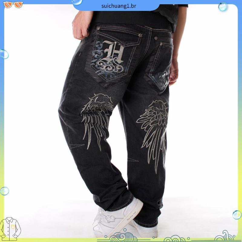 Calças de Jeans Masculinas Tendência de Rua Soltas Hiphop Dança de Rua Estampa Casual Tubo Reto Perna Larga Lavagem Calç